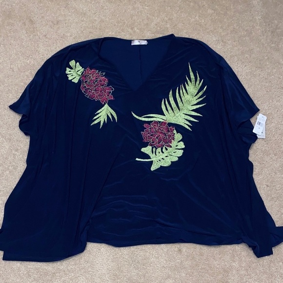 Natori Tops - Natori Dark Blue Top with Red and Green Embroidery